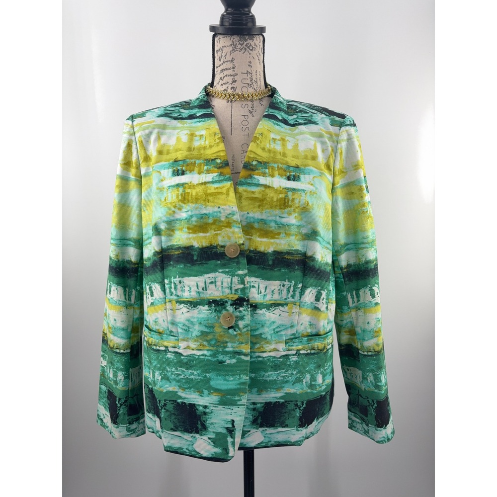B16 Lafayette 148 New York Blazer Womens 10 Green Abstract Print Stretch Work